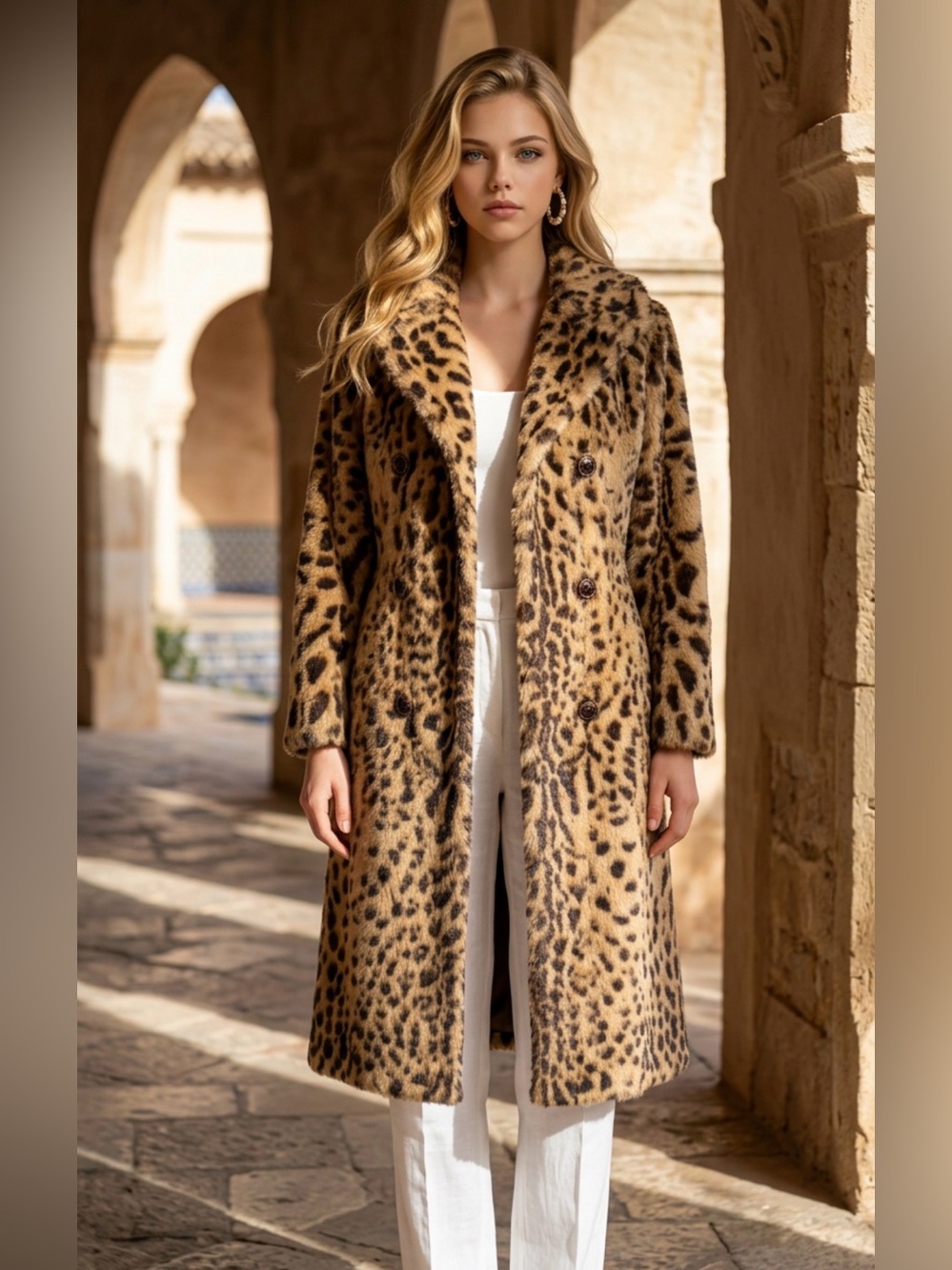 Leopard Print Luxury Faux Fur Long Trench Coat - Tan/Black